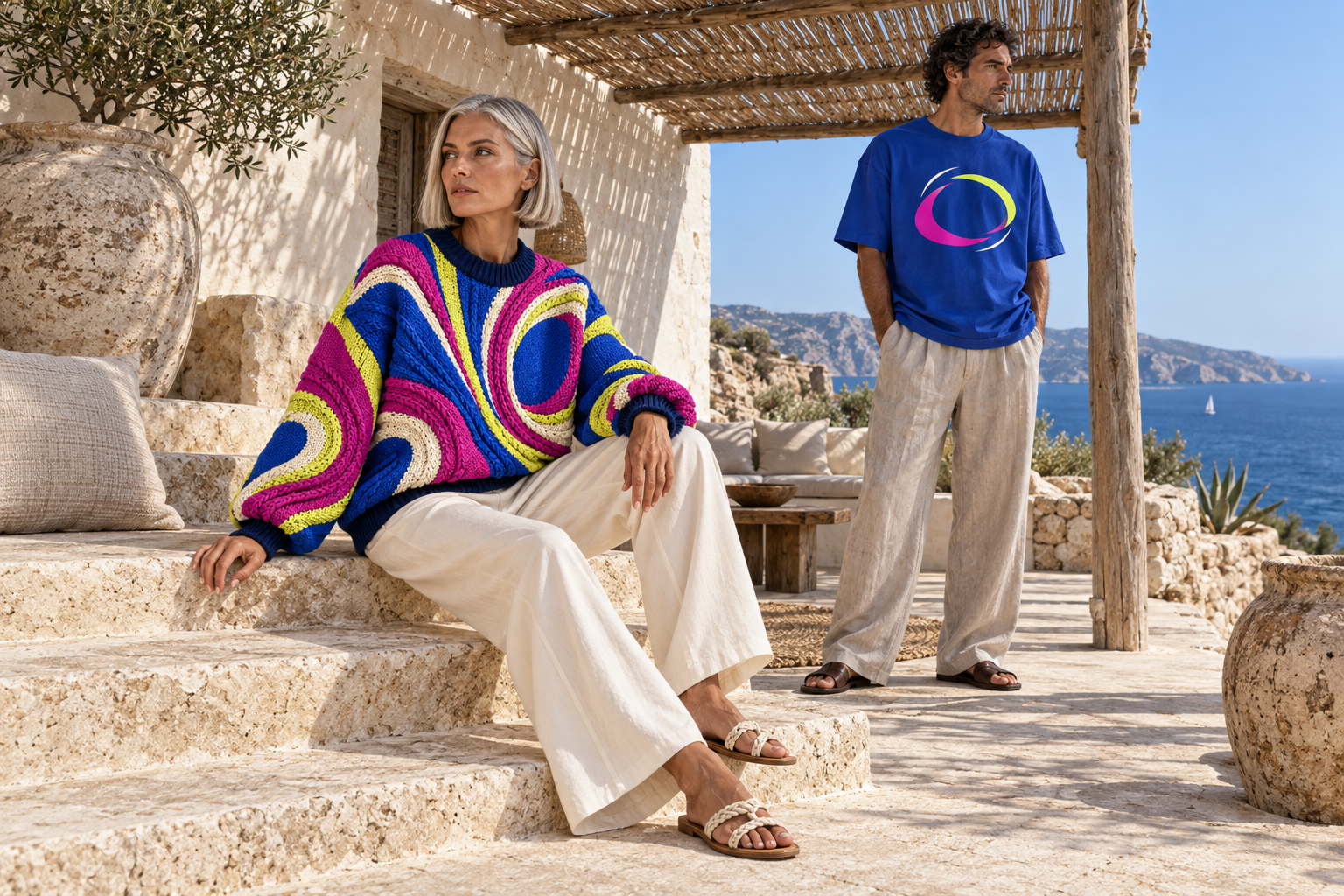 CYPHA Kampagnenentwurf: zwei erwachsene Models in Prism Knit und Prism Tee auf hellen Natursteinstufen unter einem Schilfdach