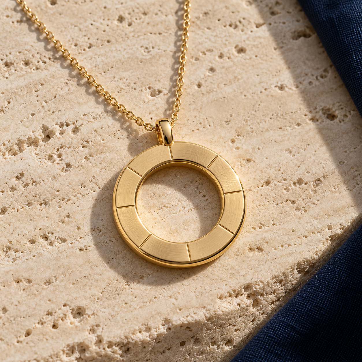 Origin Talisman, Entwurfsvisualisierung: goldener Anhänger mit offener Mitte und acht Sonnenlinien an einer Kette auf hellem Stein