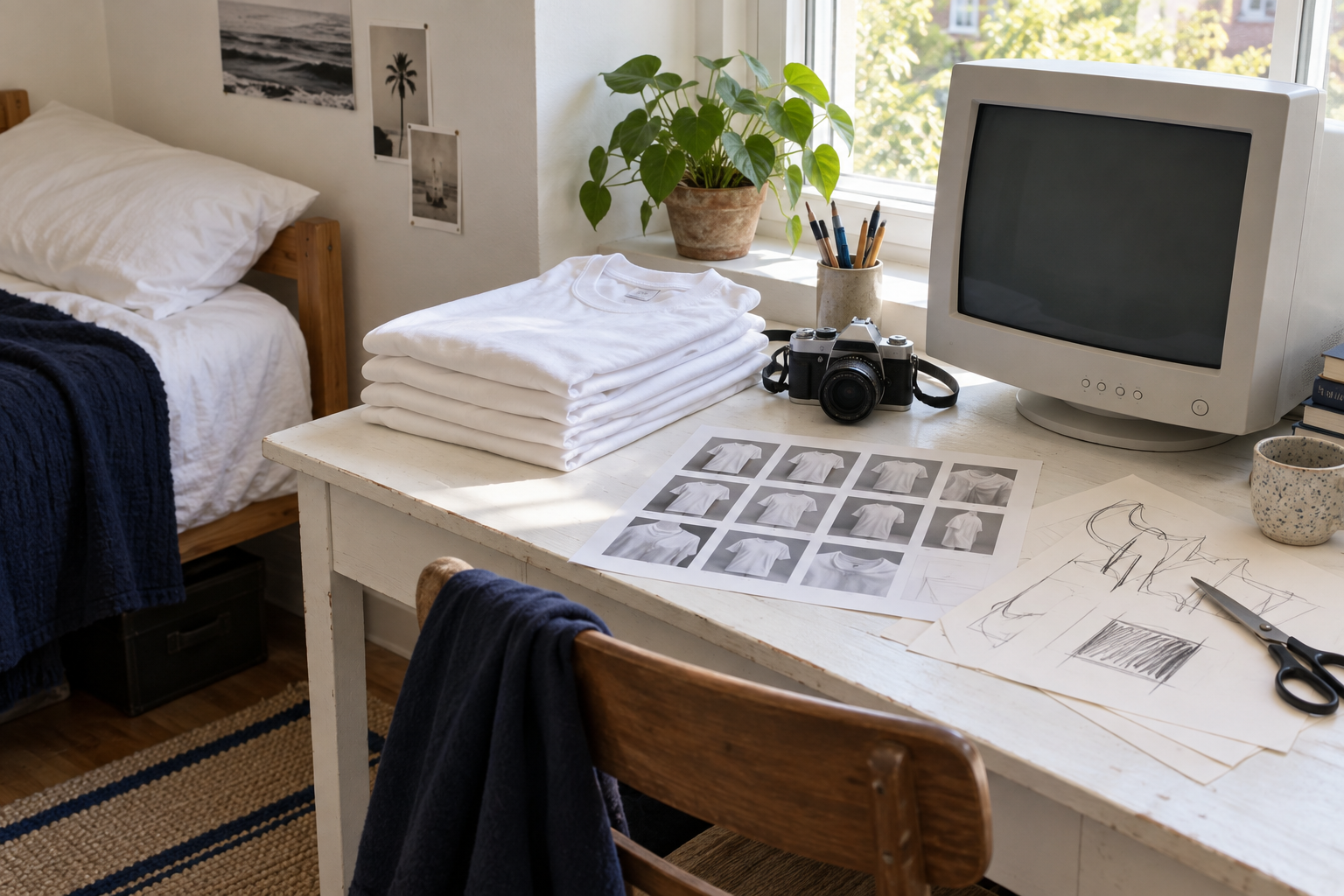 KI-Rekonstruktion eines Kinderzimmer-Arbeitsplatzes der 1990er-Jahre mit T-Shirts, Kamera und Röhrenmonitor