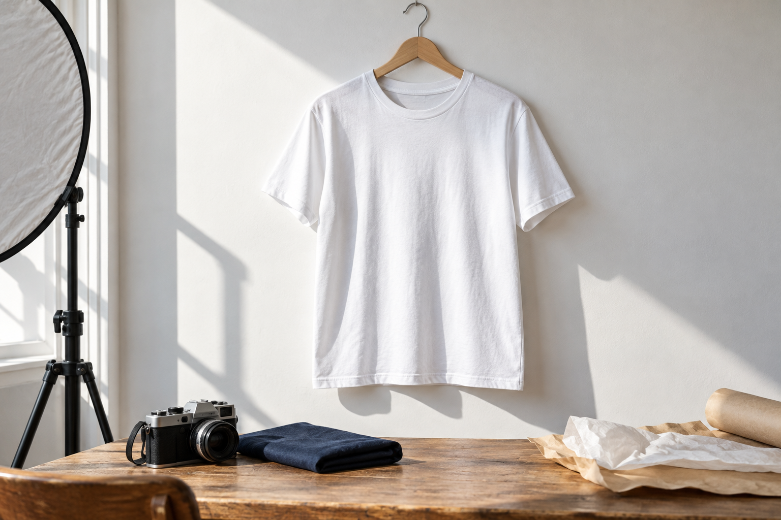 KI-Rekonstruktion einer einfachen Fotoaufnahme: weißes T-Shirt auf einem Bügel, Kamera und Reflektor im Tageslicht